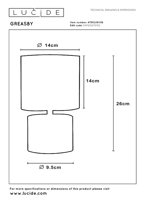 Lucide GREASBY - Lámpara de mesa - Ø 14 cm - 1xE14 - Gris - técnico